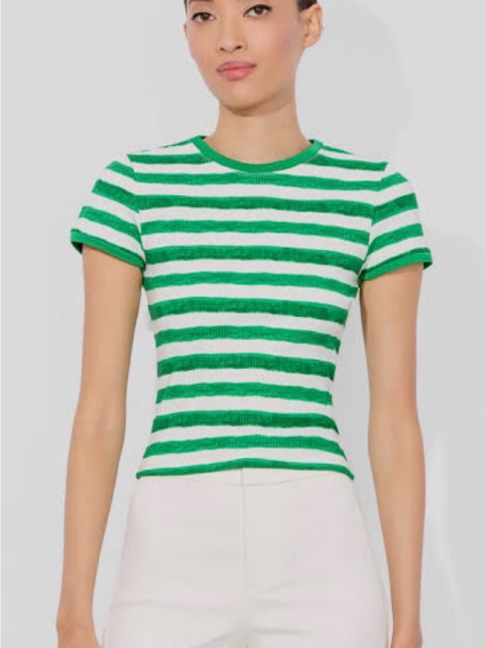 Alice and Olivia Tess Striped Green and White Short Sleeve Crewneck Top
